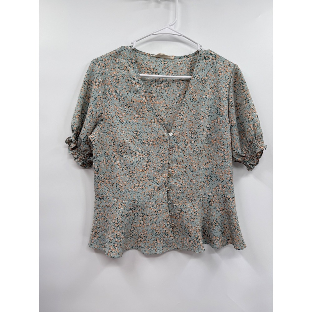 Lovestitch M‎ Peplum Blouse W Sage Green Floral V-Neck Button Front Short Puff